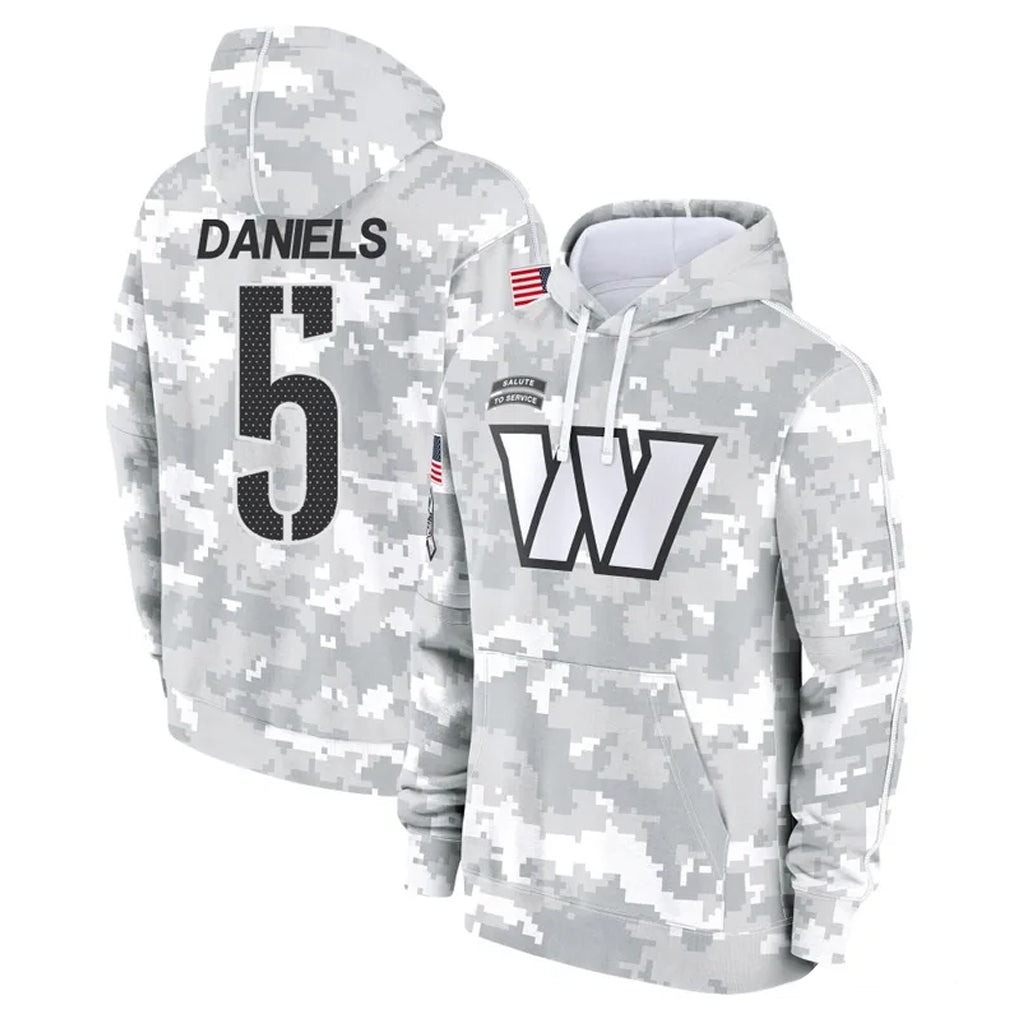 Davalo W.Commanders #5 Jayden Daniels Player Arctic Camo Limited Salute to Service Pullover Hoodies Game Stitched Jerseys
