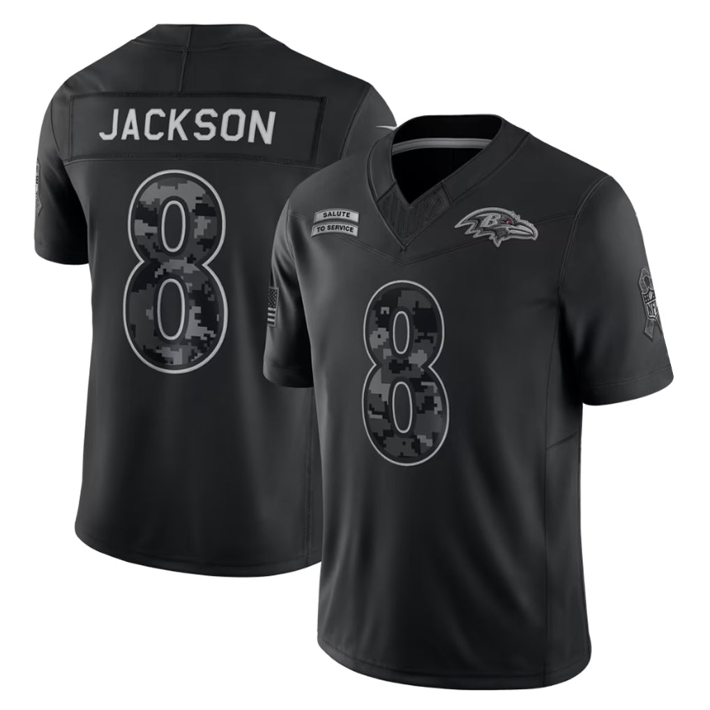 Davalo B.Ravens #8 Lamar Jackson Player Black Limited 2026 Salute to Service Home Game Stitched Jerseys
